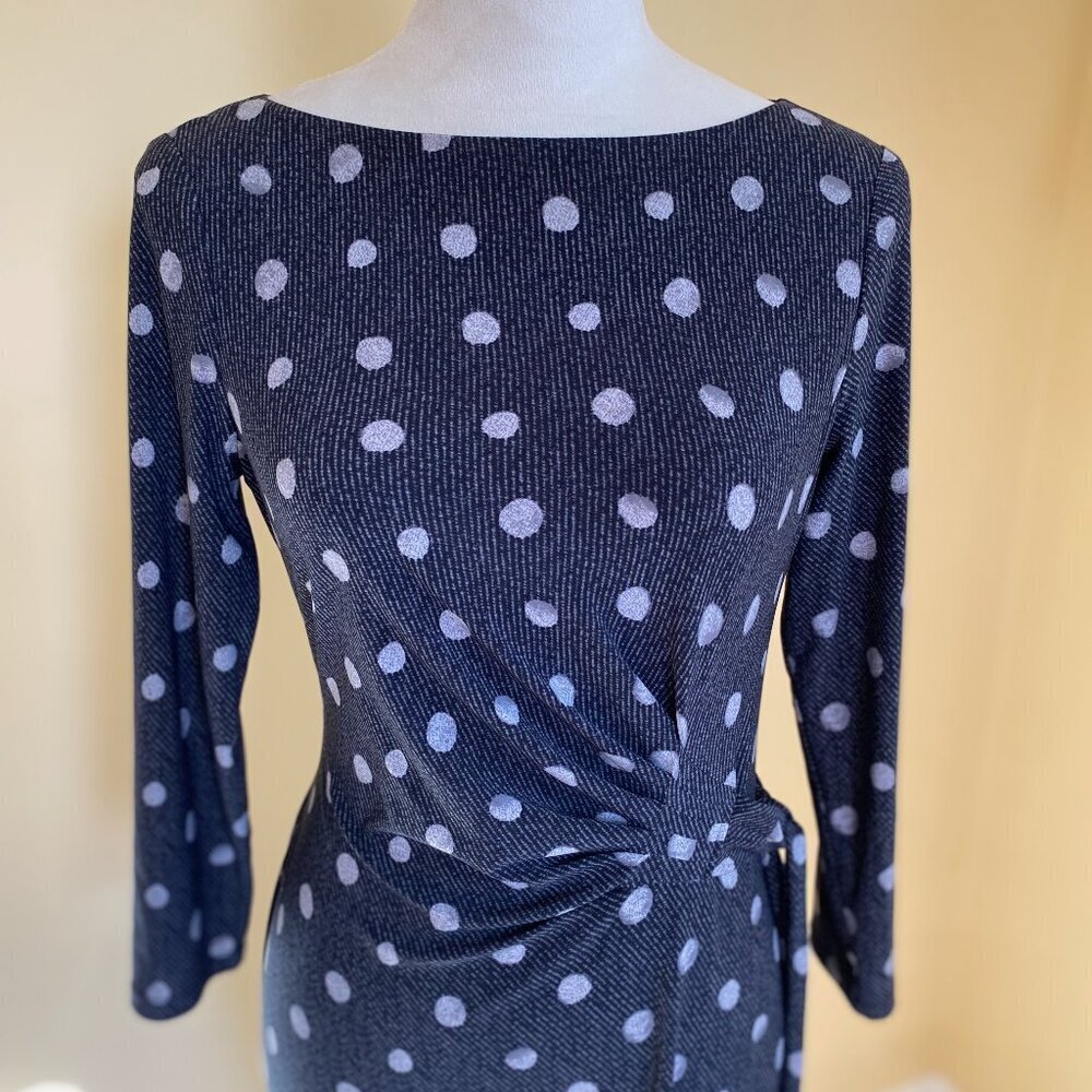 CHAPS, EUC, black polka dot long sleeve stretch faux wrap ruching dress, S